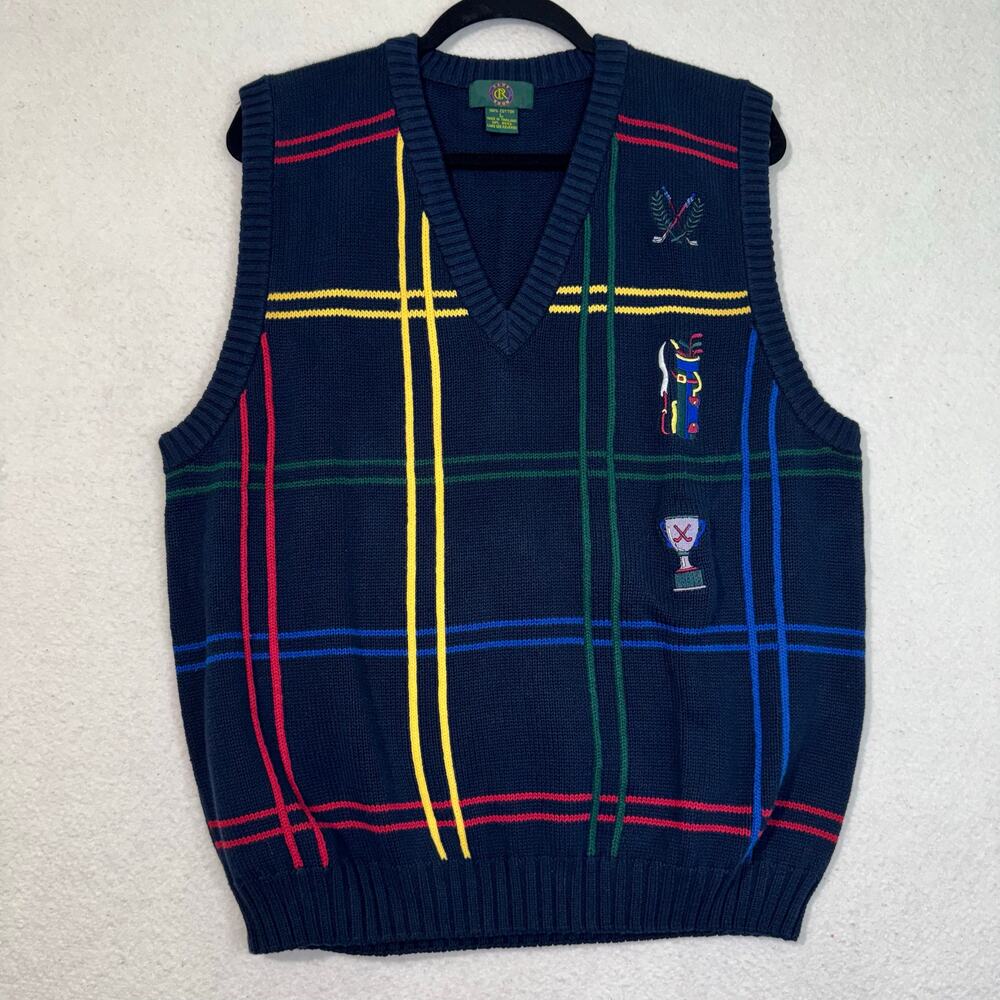 Charter Club Classic Navy Cotton Knit Golf Patches V-Neck Sweater Vest Sz Large